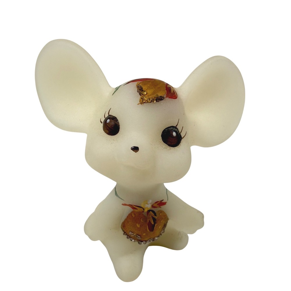 Fenton Vintage Hand Painted Satin Glass Mouse Figurine Frosted White 3" NICE